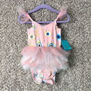 Posh Peanut Bodysuit Baby 12-18M Light Pink Eye Design Tulle Tu-Tu One Piece NWT